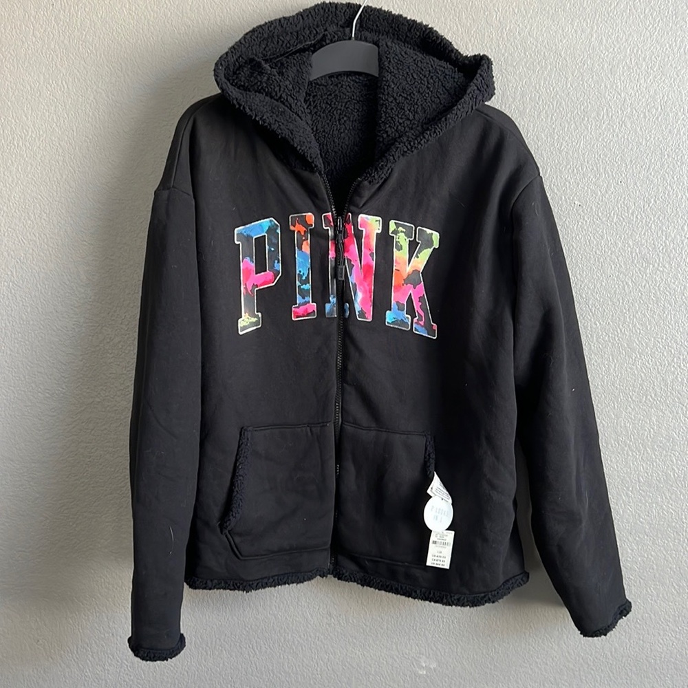 Victoria’s Pink tie dye reversible double sized fullzip Sherpa hoodie jacket